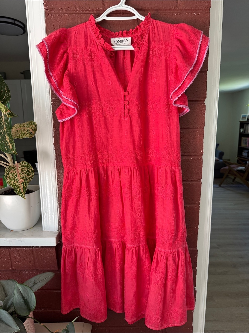 OMIKA Wilora Pink Embroidered Tiered V Neck Mini Dress 100% Cotton Small